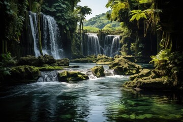 Obraz premium Exuberant jungle and waterfall in Fiji., generative IA