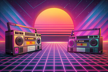 retro background showcasing cassette tapes and boomboxes from the 1980s
