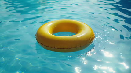 A bright yellow swim ring floating on the clear blue water of a swimming pool under the sunlight, suggesting a relaxing summer day.