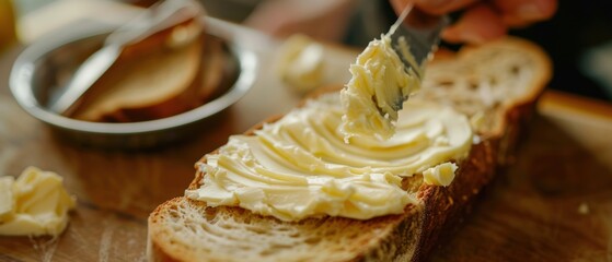 Close-up of spreading butter on a slice of fresh bread with a knife during breakfast preparation.