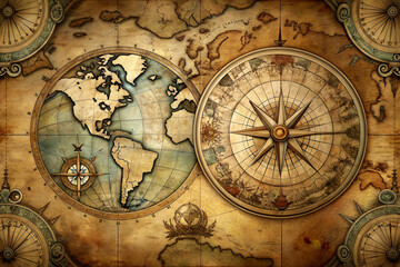  vintage background with antique maps and old-world compass illustrations