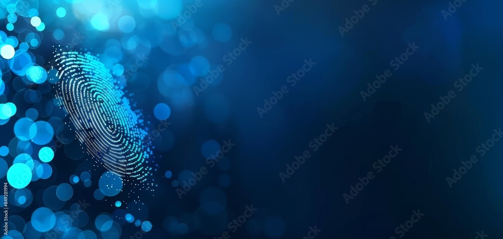 Poster innovative technology background showcasing a blue glowing fingerprint pattern for security and biom