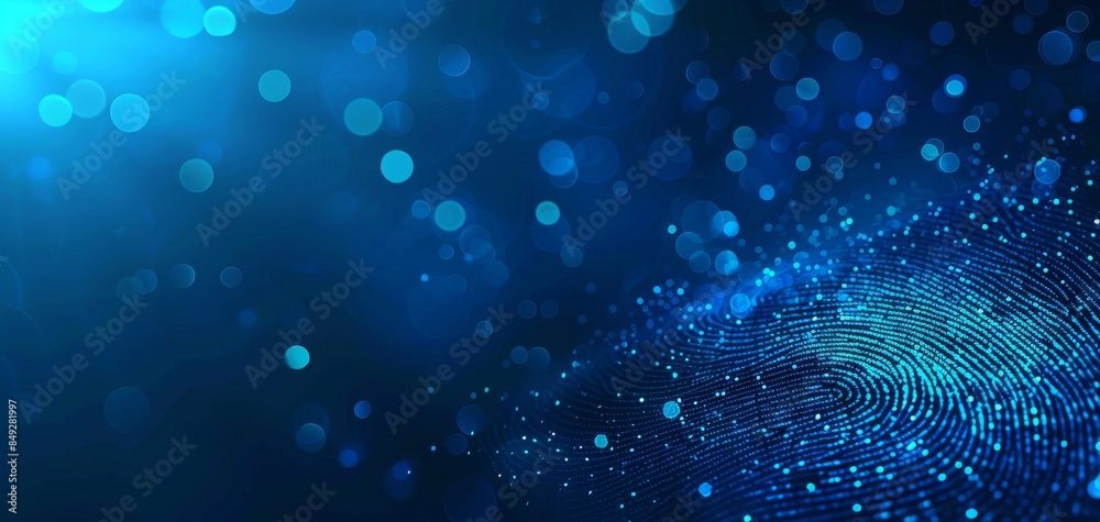 Poster Blue glowing fingerprint patterns on a digital identity background, emphasizing security and biometric technology, with an abstract bokeh effect