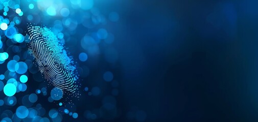 Innovative technology background showcasing a blue glowing fingerprint pattern for security and biometric ID, with an abstract blurry bokeh effect