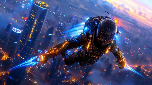 person with jetpack flies above the city
