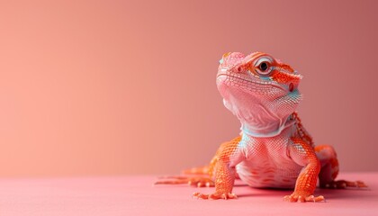 A cute reptile sitting on a solid pastel background with space above for text
