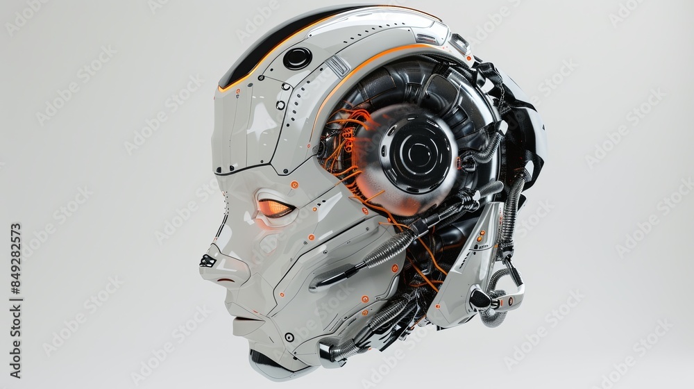Poster a 3d rendering of a robotic head with a digital brain engine visible inside. the robot is isolated o