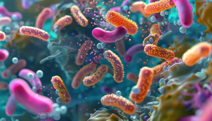 Obraz premium Close-up view of colorful bacteria in an abstract underwater environment, showcasing various microorganisms in vibrant colors.