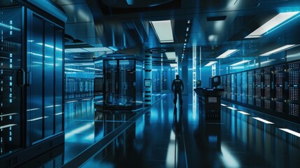 Fototapeta premium Futuristic Server Room with a Solitary Figure