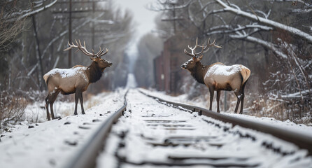 Two elk positioned on the snowy railway.