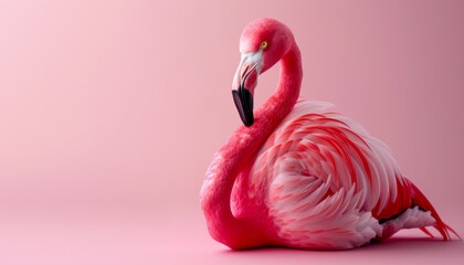 A cute Flamingo sitting on a solid pastel background with space above for text