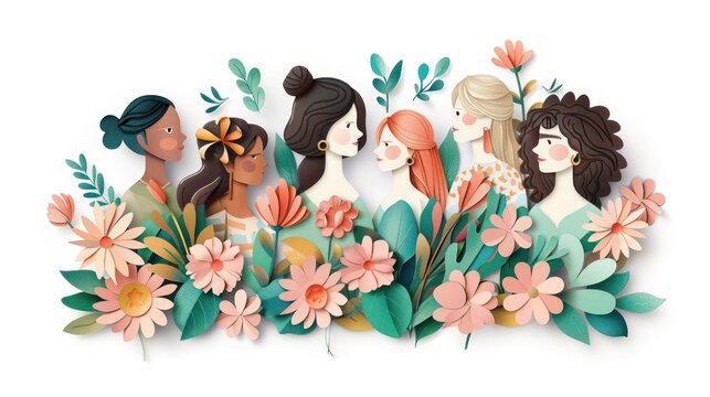 Illustrate a captivating vector graphic of a diverse ensemble of women portrayed in a paper cut-out design, with beautifully crafted floral elements symbolizing unity and beauty.