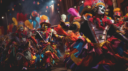 A vibrant carnival parade scene unfolds with performers in dazzling costumes and masks.
