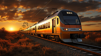 Fototapeta premium Train on the railroad, Sunrise background