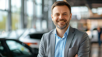Obraz premium Smiling professional man in a suit stands at a modern car showroom
