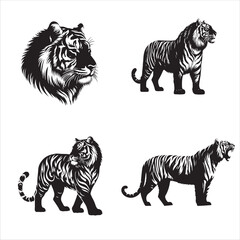 Black tiger silhouettes of set on isolated on white background
