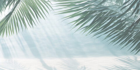 Fototapeta premium Elegant Summer Background with Palm Leaves and Shadows on Light Green Pastel Gradient, Perfect for Minimalistic Product Displays and Text Features