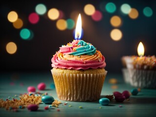 Colorful birthday cupcake with single candle