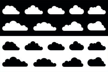 White and black cloud set isolated on black and white background. Set of Clouds Vector illustration.