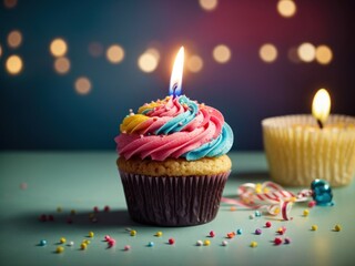 Colorful birthday cupcake with single candle