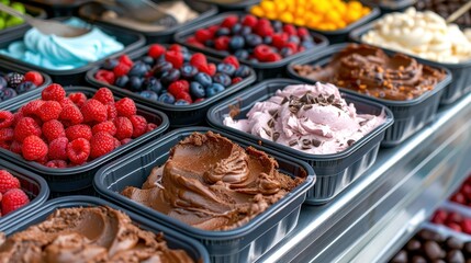 A vibrant display of assorted gelato and fresh fruits in trays, showcasing delicious and colorful...
