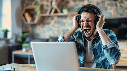 Stressed young man feeling frustrated while using a laptop and wearing headphones