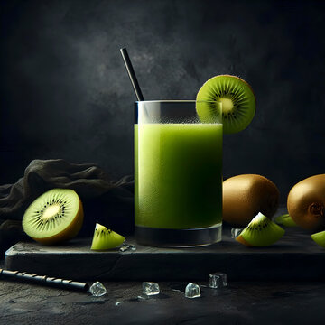 healthy kiwi smoothie in a glass on a dark rugged background with icecubes
