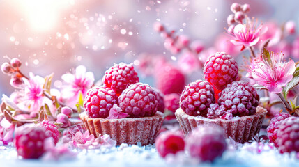 Close-up of delicious raspberry tarts with powdered sugar, surrounded by pink flowers under soft lighting, creating a dreamy, artistic presentation.