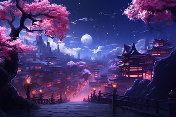 Fototapeta premium a serene Japanese garden at night, a fantasy landscape of the city, with purple sakura trees and a night city with lights.