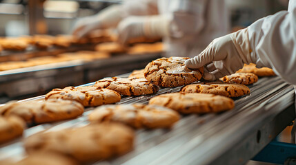 Close-up of hands in gloves packaging freshly baked cookies on a factory conveyor belt
