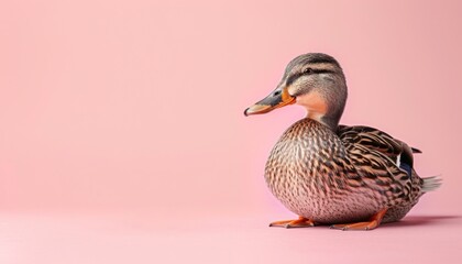 Obraz premium A cute duck sitting on a solid pastel background with space above for text