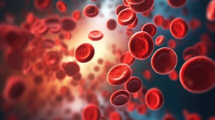 Flowing human red blood cells banner background. Medical science poster design, health care, blood donation flyer card concept. Space for text. Generative AI