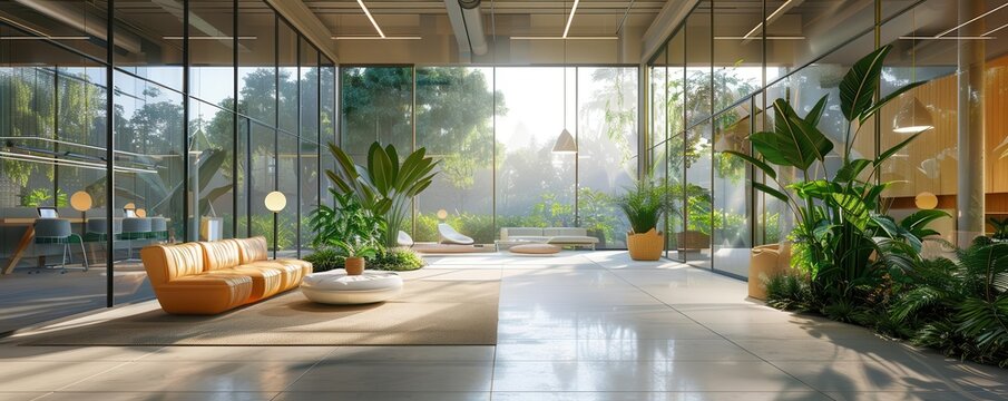 Modern office lobby with large windows, natural light, and green plants, creating a serene and productive work environment.
