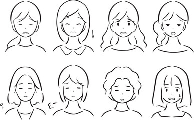 若い女性の顔のイラストセット 微妙、諦めの表情 8人