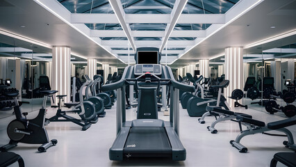 Modern GYM Interior with Fitness Equipment and Workout Hall