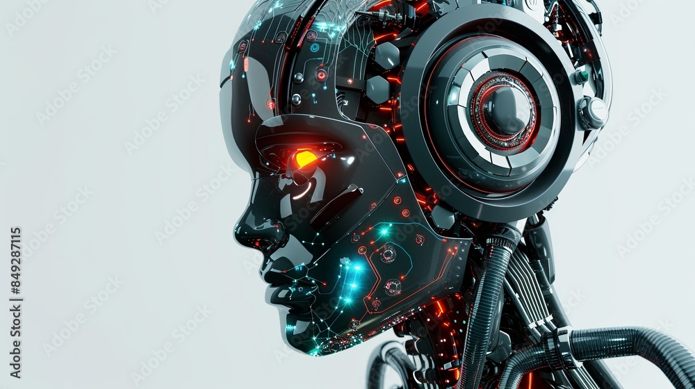 Poster a 3d rendering of an ai robot head with a digital graphic brain engine inside. the head is isolated 