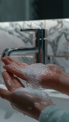 Fototapeta premium Cleanliness and Care: Close-Up of Hands Lathering Gentle Hand Wash in Modern Bathroom