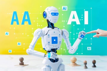 Naklejka premium AI Robot with Digital Interface, Advanced Robotics and Artificial Intelligence, Futuristic Technology in Blue and White Setting, High Tech Innovations, Modern AI Concept.
