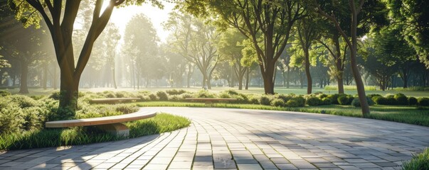 Wood bench in green clean park near path with nice sunlight, relax concept banner. Generative Ai.