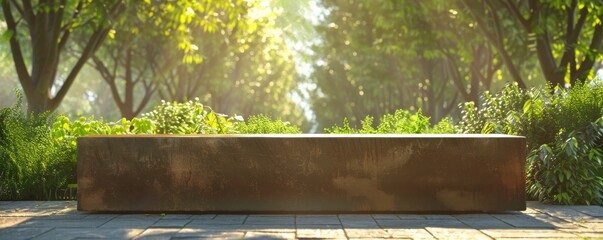 Wood bench in green clean park near path with nice sunlight, relax concept  banner. Generative Ai.