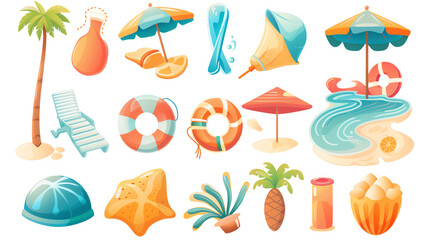 Colorful beach icons featuring umbrellas, palm trees, lifebuoys, towels, starfish, pool, and tropical drinks, perfect for summer designs.