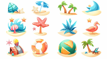 Obraz premium Colorful beach icons set with tropical elements, palm trees, starfish, umbrella, and lifebuoy. Perfect for summer-themed designs.