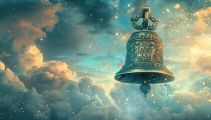 Magical bell suspended in the sky among clouds, creating a dreamy and fantasy-like atmosphere. Perfect for imaginative and whimsical themes.
