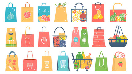 Colorful flat vector illustrations of various grocery bags and shopping baskets filled with fruits, vegetables, and food items.