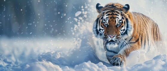 Majestic tiger prowling through a snow-covered landscape, showcasing the beauty and power of wildlife in its natural habitat.