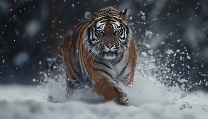 Majestic tiger running through the snow with intense focus, showcasing the raw power and grace of this beautiful big cat.