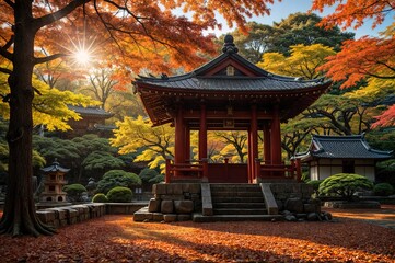 Japanese temple with autumn maple leaves. A peaceful scene of autumn maple leaves in front of a traditional Japanese temple. The red, orange and yellow foliage is illuminated by the warm sunlight