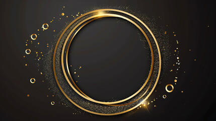 Elegant golden circular frame with sparkling glitter effects on a dark background, perfect for luxurious and premium design elements.
