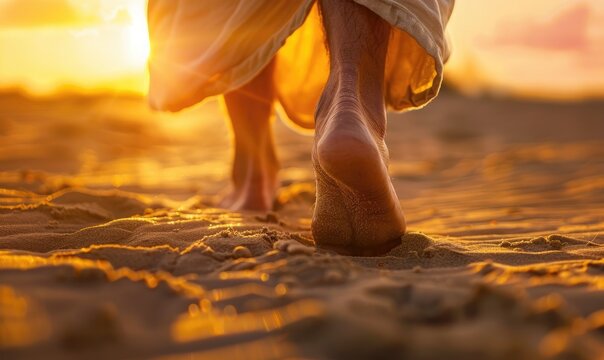 Close up low angle view of Jesus feet walking on sand