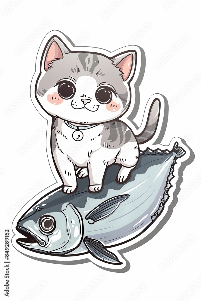 Canvas Prints Chibi White and Grey Cat on Tuna Sticker: A delightful cartoon sticker showcasing a chibi-style white and grey English Shorthair